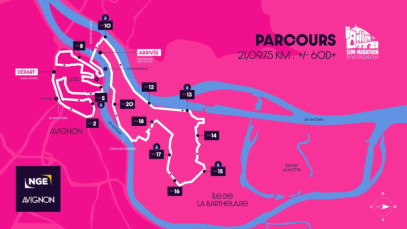 Carte du parcours de 21,0975 km du Semi-Marathon d'Avignon