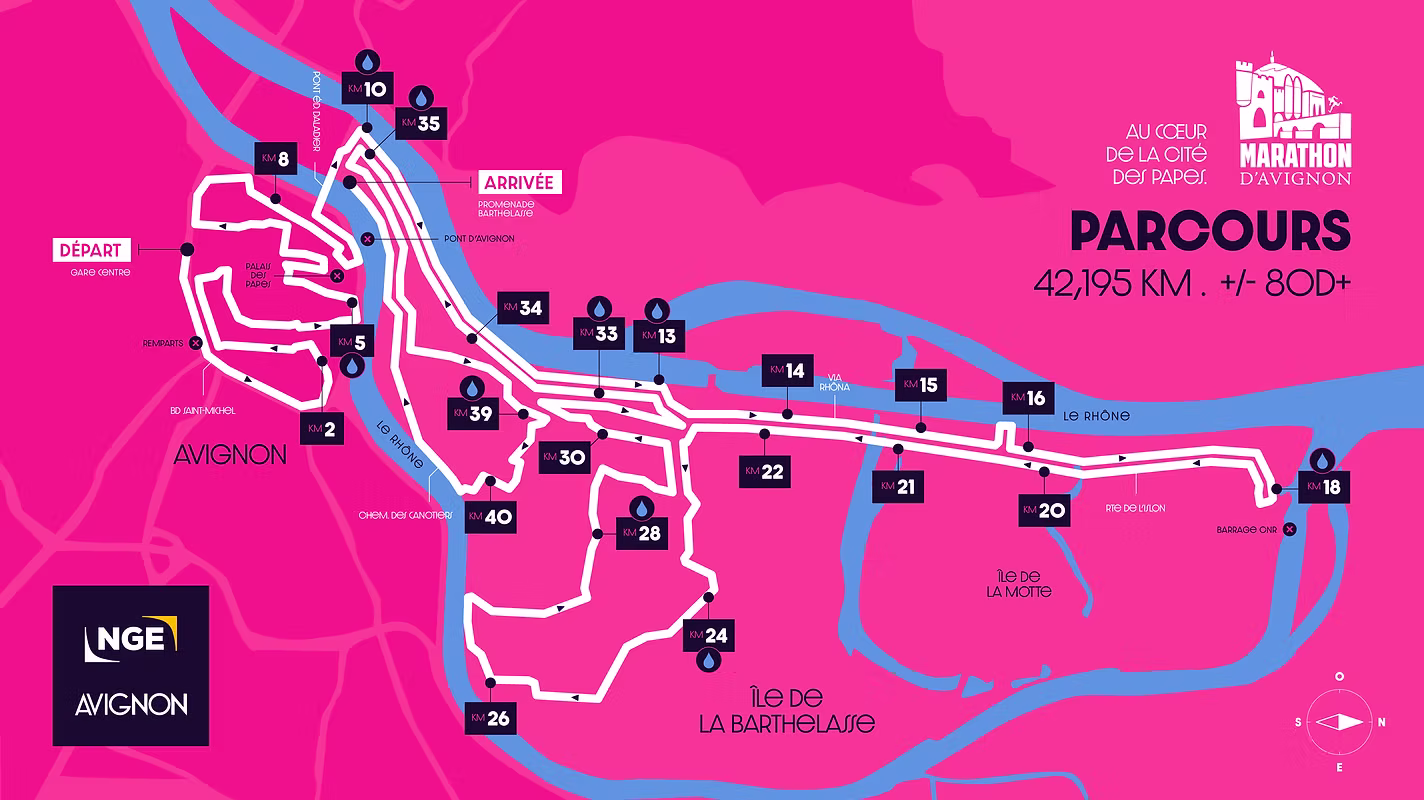 Carte du parcours de 42,195 km du Marathon d'Avignon